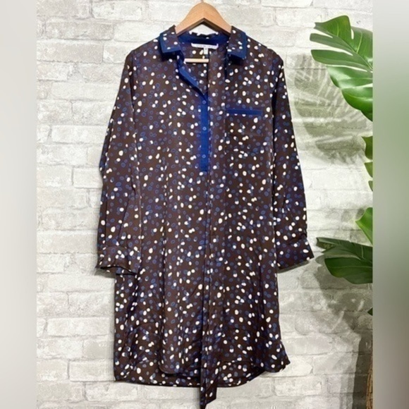 🔴 COLLECTIVE CONCEPTS | dark brown shift dress blue white polka dots -Medium - Picture 1 of 10